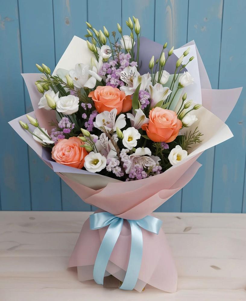 Букет цветов из: Лизиантусы, Розы, Альстромерии и Гипсофила в Отрадное