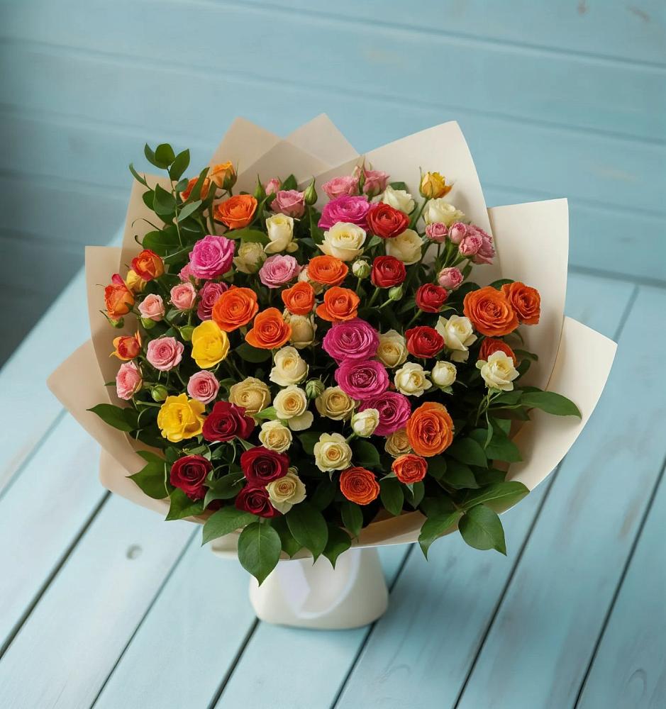 Букет Микс из разноцветных кустовых роз в Отрадное