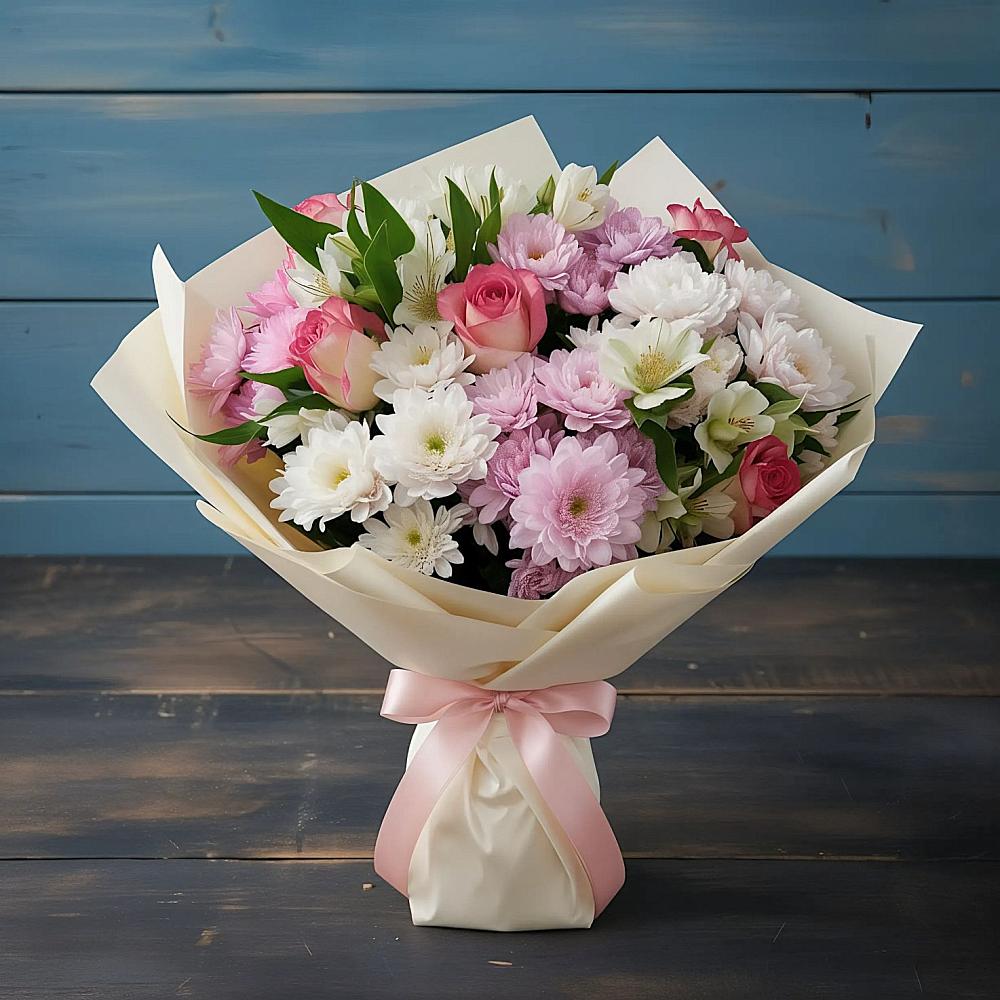 Букет цветов из: Хризантемы, Альстромерии и Розы в Отрадное